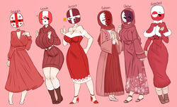  6+girls absurdres bahraini_flag bare_shoulders belt boots bow bowtie breasts brown_footwear canadian_flag cleavage countryhumans danish_flag dress earrings flawsy floating_head georgian_flag greenland_flag grey_footwear hand_on_own_hip hand_up heart high_heels highres jewelry large_breasts leaf long_sleeves looking_at_viewer maple_leaf multiple_girls necklace object_head one_eye_closed open_mouth own_hands_together personification pink_background qatari_flag red_bow red_bowtie red_dress red_footwear red_theme sandals shoes simple_background standing star_(symbol) white_belt white_footwear 