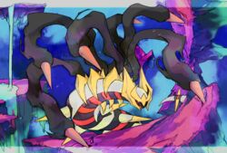  blurry commentary_request distortion_world giratina giratina_(origin) glowing glowing_eyes highres nigiri_(ngr24) no_humans open_mouth orange_eyes pokemon pokemon_(creature) rock solo spikes water waterfall 