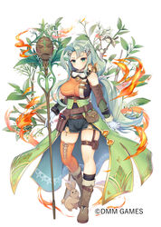  arm_warmers belt bird black_shorts boots breasts brown_footwear closed_mouth company_name enoki_(flower_knight_girl) expressionless female flower flower_knight_girl full_body gloves goggles goggles_around_neck green_arm_warmers green_eyes green_hair hair_flower hair_ornament hairclip holding holding_staff knee_boots large_breasts leaf long_hair looking_at_viewer mg_kurino name_connection object_namesake official_art orange_thighhighs ponytail rabbit shorts simple_background single_thighhigh solo staff standing tachi-e thighhighs white_background white_gloves 