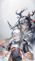  1boy absurdres animal_ears antlers arknights armband asymmetrical_bangs beard belt black_gloves breasts chinese_commentary cloak closed_eyes closed_mouth coat covered_eyes cowboy_shot dated eyelashes facial_hair father_and_daughter female fingerless_gloves frostnova_(arknights) gloves grey_background grey_scarf grey_shirt hair_between_eyes hair_ornament hair_over_one_eye hairclip hands_on_another&#039;s_shoulders highres holding_hands hood horns light_smile lips long_hair material_growth open_clothes open_coat orange_ribbon oripathy_lesion_(arknights) parted_bangs patriot_(arknights) photoshop_(medium) rabbit_ears ribbon russian_text scar scar_on_cheek scar_on_face scar_on_nose scarf shirt signature single_horn small_breasts smile snow spade-m translated white_cloak white_coat white_hair 