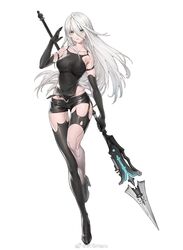  a2_(nier:automata) black_gloves blue_eyes breasts bright_pupils chinese_commentary commentary_request elbow_gloves expressionless female full_body gloves hair_between_eyes high_heels highres large_breasts long_hair looking_at_viewer mole mole_under_mouth nier:automata nier_(series) official_art pelvic_curtain polearm punishing:_gray_raven sawamaharu short_shorts shorts simple_background single_thighhigh solo standing standing_on_one_leg thighhighs very_long_hair weapon weibo_watermark white_background white_hair white_pupils 