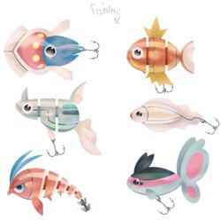  animal_focus black_eyes clauncher commentary english_commentary english_text finneon fish fishing_lure inkay lure magikarp no_humans pinkgermy pokemon pokemon_(creature) remoraid themed_object tynamo 