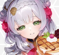  armor armored_dress eyelashes female flower food fruit galibo genshin_impact green_eyes hair_flower hair_ornament lighter-than-air_pancake_(genshin_impact) maid_headdress neckerchief noelle_(genshin_impact) pancake rose smile solo strawberry upper_body whipped_cream white_hair 