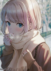  adjusting_clothes blue_eyes blurry blurry_background blush breath brown_jacket enpera female fence highres hyuuga_azuri jacket long_sleeves looking_at_viewer medium_hair open_mouth original outdoors pink_hair railing scarf sleeves_past_wrists solo sweater swept_bangs tree upper_body white_scarf 