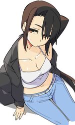  alternate_costume black_jacket bracelet breasts brown_eyes brown_hair cleavage closed_mouth collarbone crop_top denim female hair_between_eyes higaragi highres jacket jeans jewelry kantai_collection long_hair long_sleeves looking_at_viewer medium_breasts nachi_(kancolle) navel open_clothes open_jacket pants simple_background sitting solo white_background 