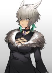  absurdres animal_ears artist_name breasts brooch choker cleavage dress facial_mark female final_fantasy final_fantasy_xiv fur-trimmed_dress fur_trim grey_hair highres jewelry lilycious lips medium_breasts miqo&#039;te short_hair slit_pupils smile solo white_eyes y&#039;shtola_rhul 