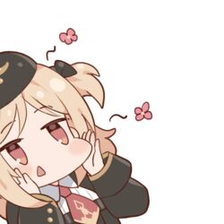  aged_down blonde_hair blush brown_eyes chibi commentary_request female girls&#039;_frontline hair_ribbon hands_on_own_cheeks hands_on_own_face hat jingo korean_commentary mp40_(girls&#039;_frontline) mp40_(thumbelina)_(girls&#039;_frontline) official_alternate_costume ribbon solo triangle_mouth twintails white_background 