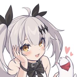  :3 aged_down ahoge animal arm_support black_collar black_ribbon blush bow bracelet collar commentary_request female ferret five-seven_(adventures_of_fenfen)_(girls&#039;_frontline) five-seven_(girls&#039;_frontline) girls&#039;_frontline grey_hair hair_ornament hair_ribbon head_rest heart highres jewelry jingo korean_commentary long_hair looking_at_viewer official_alternate_costume open_mouth red_scarf ribbon scarf smile solo twintails white_background yellow_eyes 