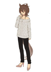  agnes_tachyon_(umamusume) ahoge alternate_costume animal_ears brown_eyes brown_footwear brown_hair commentary_request female full_body grey_sweater high_heels horse_ears horse_girl horse_tail jewelry long_sleeves medium_hair nazuka_(mikkamisaki) necklace pants simple_background solo standing sweater tail umamusume white_background 