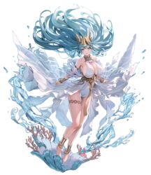  anklet aqua_eyes aqua_hair barefoot breasts cleavage coral destiny_child dress feet female floating_clothes floating_hair full_body huge_breasts jewelry legs long_hair looking_at_viewer ludaf official_art simple_background skindentation solo tassel thetis_(destiny_child) thigh_strap toes transparent_background very_long_hair water wet white_dress 