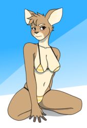  angry anthro bikini blush clothing deer eyebrows female freckles fur hi_res kneeling mammal multicolored_body multicolored_fur nikita_perovskia pattern_background pattern_clothing qunteki simple_background solo spots striped_background striped_clothing stripes swimwear the_testimony_of_trixie_glimmer_smith thick_eyebrows 