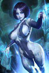  black_hair blue_eyes blurry blurry_background breasts circuit colored_skin cortana english_commentary female grey_nails grey_skin halo_(series) halo_4 highres hologram holographic_interface holographic_touchscreen large_breasts navel neoartcore paid_reward_available patreon_username purple_lips short_hair solo variant_set wide_hips 