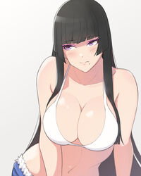  bikini black_hair blunt_bangs blush breasts cleavage closed_mouth commentary_request dead_or_alive dead_or_alive_xtreme female hime_cut konishiki_(52siki) large_breasts long_hair mole mole_under_mouth navel nyotengu purple_eyes sidelocks simple_background solo swimsuit very_long_hair white_background white_bikini 