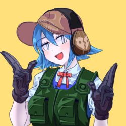  absurdres baseball_cap black_gloves blue_dress blue_eyes blush bow bowtie brown_hat bulletproof_vest cirno cirno_(cookie) collared_shirt commentary_request cookie_(touhou) dress female gloves hair_between_eyes hat headset highres looking_at_viewer open_mouth pinafore_dress psychic_parrot red_bow red_bowtie shirt short_hair simple_background sleeveless sleeveless_dress smile solo tactical_clothes touhou upper_body white_shirt yellow_background 