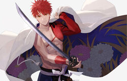  1boy abs cape closed_mouth commentary_request emiya_shirou fate/grand_order fate_(series) floral_print highres holding holding_sword holding_weapon igote japanese_clothes katana kuromamechabita looking_at_viewer male_focus red_hair senji_muramasa_(fate) short_hair simple_background single_bare_shoulder smile solo sword toned toned_male topless_male upper_body weapon white_cape yellow_eyes 