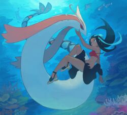  air_bubble bare_shoulders bikini blue_eyes blue_eyeshadow blue_hair breasts bubble chorefuji coral dark-skinned_female dark_skin earrings eyeliner eyeshadow female hair_bun hoop_earrings jewelry legs long_hair makeup mantine milotic multicolored_hair nessa_(pokemon) ocean pokemon pokemon:_twilight_wings pokemon_(creature) pokemon_swsh red_bikini sandals sarong shellder single_hair_bun smile swimming swimsuit two-tone_hair underwater wishiwashi wishiwashi_(solo) 