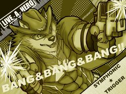  4:3 abs anthro barrel_(live_a_hero) bodysuit canid canine canis clothing countershading english_text gun hi_res kinaisan22511 lifewonders live_a_hero male mammal pecs ranged_weapon shooting shooting_gun skinsuit solo spandex superhero text tight_clothing weapon wolf 