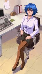  1980s_(style) absurdres black_footwear black_skirt blue_hair borrowed_character breasts brown_legwear chair closed_mouth computer computer_keyboard female file_cabinet formal hand_on_lap highres indoors large_breasts long_sleeves looking_at_viewer monitor office office_chair office_lady on_chair original pantyhose pencil_skirt red_eyes retro_artstyle shirt short_hair sitting skirt skye_(hcnone) smile solo swivel_chair thighhighs white_shirt yato_(yama0x1) 