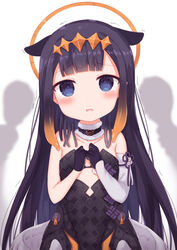  @_@ aged_down argyle bare_shoulders black_dress black_gloves blue_eyes blunt_bangs blush circlet collarbone commentary detached_sleeves dress female flat_chest gloves gradient_hair halo highres hololive hololive_english long_hair looking_at_viewer maka_neko mole mole_under_eye multicolored_hair ninomae_ina&#039;nis ninomae_ina&#039;nis_(1st_costume) open_mouth orange_hair pointy_ears purple_hair scared shadow sidelocks simple_background single_sleeve solo takanashi_kiara tassel tears tentacle_hair trembling upper_body very_long_hair virtual_youtuber white_background white_sleeves 