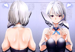  absurdres animal_ears back bare_back bare_shoulders black_leotard blue_background blue_ribbon breast_press breasts cleavage closed_mouth collarbone detached_collar fake_animal_ears female from_behind gradient_background grey_hair hair_between_eyes hairband heart highres holding_hairband kurashima_tomoyasu large_breasts leotard looking_at_viewer medium_hair mole mole_under_eye multiple_views neck_ribbon original playboy_bunny polka_dot polka_dot_background rabbit_ears red_eyes ribbon shirato_yuri shoulder_blades smile strapless strapless_leotard turnaround unworn_hairband upper_body white_hair white_hairband wing_collar wrist_cuffs 