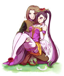  1boy :d beifunan black_shirt blue_eyes blush bracelet breasts brown_hair brown_vest carrying divine_bustier_(dq) dragon_quest dragon_quest_xi elbow_gloves feathers female flower gloves hair_flower hair_ornament hair_over_one_eye hero_(dq11) highres jewelry large_breasts long_hair martina_(dq11) one_eye_closed open_mouth parted_bangs princess_carry purple_eyes purple_shirt shirt skirt smile squatting thighhighs very_long_hair vest white_gloves white_legwear yellow_skirt 