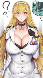  :o ? absurdres azur_lane black_bra black_gloves blonde_hair blue_eyes blush bra bra_peek breasts censored choker cleavage commentary_request cross cross_choker cross_necklace crossover female gloves gm_custom gundam gundam_0083 hair_between_eyes hairband half_gloves highres identity_censor jacket jewelry kome_cola lace lace_bra large_breasts mecha military military_jacket military_uniform necklace north_carolina_(azur_lane) open_mouth robot solo underwear uniform white_hairband 