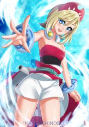  absurdres arm_wrap armpits artist_name bare_legs blonde_hair blue_eyes eyebrow_cut female glaceon hair_ornament hairband highres irida_(pokemon) jewelry katou_shinobu knees legs neck_ring pearl_clan_outfit pokemon pokemon_legends:_arceus red_hairband red_shirt shirt short_hair shorts simple_background solo strapless strapless_shirt waist_cape white_background white_shorts 