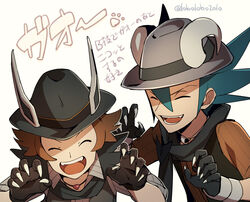  2boys artist_name black_headwear black_vest brown_hair brown_shirt claw_pose closed_eyes collared_shirt commentary_request gloves green_hair grey_headwear grimsley_(pokemon) hat hilbert_(fall_2020)_(pokemon) hilbert_(pokemon) jewelry male_focus momoji_(lobolobo2010) multiple_boys necklace official_alternate_costume open_clothes open_mouth open_vest pokemon pokemon_bw pokemon_masters_ex shirt smile teeth tongue vest watermark 