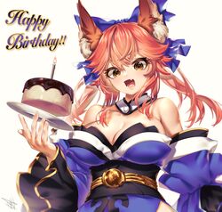  acuma animal_ear_fluff animal_ears birthday birthday_cake blue_bow blue_kimono blue_ribbon blush bow breasts cake candle cleavage collarbone detached_sleeves fate/extra fate_(series) female food fox_ears fox_girl hair_ribbon happy_birthday highres japanese_clothes kimono large_breasts looking_at_viewer looking_down oerba_yun_fang pink_hair ribbon signature simple_background solo split_ponytail tamamo_(fate) tamamo_no_mae_(fate/extra) white_background yellow_eyes 