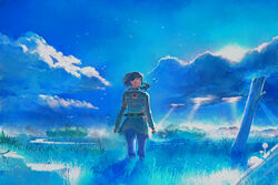  animal breasts brown_eyes brown_hair bug closed_mouth cloud day dress earrings female gloves grass highres jewelry kaze_no_tani_no_nausicaa nausicaa outdoors photoshop_(medium) short_hair takemaru08 teto_(nausicaa) 