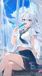  ahoge blue_eyes blue_skirt breast_pocket crop_top crop_top_overhang crossed_legs cup curtains drinking_glass female food hand_up highres holding midriff miniskirt navel necktie open_mouth original pleated_skirt pocket popsicle sailor_collar school_uniform serafuku shirt short_sleeves sitting skirt solo stomach thighs ttosom white_hair white_shirt window 