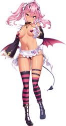  apron areola_slip asymmetrical_legwear bikini bikini_bottom_only boku_ga_incubus_ni_naru_tame_ni_kyou_kara_succubus_to_lesson_shimasu boots breasts choker dark-skinned_female dark_skin demon_girl demon_horns demon_tail demon_wings detached_sleeves female full_body headdress heart_pasties horns long_hair looking_at_viewer low_wings lowleg medium_breasts navel non-web_source official_art palmier_(boku_ga_incubus_ni_naru_tame_ni_kyou_kara_succubus_to_lesson_shimasu) pasties photoshop_(medium) pink_eyes pink_hair shiokonbu side-tie_bikini_bottom smile solo striped_clothes striped_thighhighs swimsuit tachi-e tail thigh_strap thighhighs transparent_background twintails venus_symbol white_apron wings 