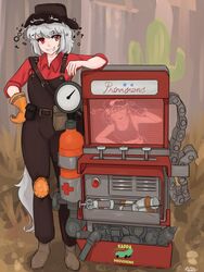  :d animal_ears bolt_(hardware) brown_footwear brown_headwear cosplay crossover dispenser_(team_fortress) engineer_(tf2) engineer_(tf2)_(cosplay) female full_body gloves grin highres inubashiri_momiji kawashiro_nitori knee_pads nut_(hardware) orange_gloves overalls ramnik5 red_engineer_(tf2) red_engineer_(tf2)_(cosplay) red_eyes short_hair single_glove sleeves_rolled_up smile solo standing syringe tail team_fortress_2 teeth touhou unusual_effect white_hair wolf_ears wolf_girl wolf_tail 