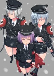  3girls bird black_coat black_footwear black_headwear black_necktie black_skirt boots bow braid broken_heart_print chicken closed_mouth coat collared_shirt commentary_request cookie_(touhou) ein_(cookie) eyes_visible_through_hair full_body geru_futota green_bow grey_background grey_hair gun hair_between_eyes hairbow hat highres holding holding_gun holding_weapon izayoi_sakuya long_sleeves looking_to_the_side megaphone military military_hat military_uniform miniskirt multiple_girls nazi necktie no_arms open_mouth peaked_cap purple_eyes purple_hair red_bow remilia_scarlet rifle s_ibane shirt short_hair simple_background single_braid skirt sniper_rifle snowing standing tentacle the_chicken_that_appears_in_the_middle_of_cookie touhou twin_braids uniform weapon white_shirt wing_collar zwei_(cookie) 