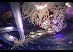  1boy aether_(genshin_impact) black_gloves blonde_hair blood blood_in_hair blood_on_face braid clenched_teeth genshin_impact gloves hair_between_eyes highres letterboxed long_hair looking_at_viewer lying male_focus on_stomach petals planted planted_sword single_braid solo sonomi sweat sword teeth twitter_username water weapon yellow_eyes 