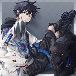  1boy animal black_dog black_footwear black_hair black_pants blue_eyes canine closed_mouth crossed_legs earrings fushiguro_megumi hood hood_down hooded_shirt jewelry jujutsu_kaisen looking_at_viewer male_focus mask mask_pull mouth_mask on_floor pants see-through see-through_sleeves shirt shoes short_hair sitting solo tuze111 white_dog 