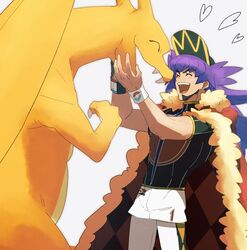  1boy :d argyle baseball_cap cape champion_uniform charizard closed_eyes commentary dark-skinned_male dark_skin dynamax_band eyelashes facial_hair fangs fur-trimmed_cape fur_trim gloves hands_up happy hat heart highres leggings leon_(pokemon) long_hair male_focus morio_(poke_orio) open_mouth pokemon pokemon_(creature) pokemon_swsh purple_hair red_cape shield_print shirt short_shorts short_sleeves shorts simple_background single_glove smile sword_print symbol-only_commentary teeth tongue upper_teeth_only white_background white_legwear white_shorts white_wristband 