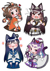  4girls :3 ahoge animal_ears animal_hands black_hair breasts brown_hair cat_ears cat_girl cat_tail closed_eyes double_bun dress fangs hair_bun hatsuharu_(kancolle) headgear hime_kake kantai_collection long_hair mole mole_under_eye multiple_girls nagato_(kancolle) naka_(kancolle) open_mouth pleated_skirt ponytail purple_hair sailor_collar sailor_dress school_uniform serafuku short_sleeves simple_background skirt sweat tail tongue tongue_out ushio_(kancolle) white_background 