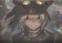  22kyun2 blonde_hair blood blood_on_face buttons clenched_teeth dark_background dirty dirty_face female goggles goggles_on_head hat korean_commentary looking_at_viewer military military_hat military_uniform red_eyes short_hair solo tanya_degurechaff teeth uniform upper_body youjo_senki 