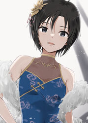  :o black_hair blue_dress china_dress chinese_clothes collarbone commentary dragon_print dress feather_boa female flat_chest from_above fur grey_eyes hair_between_eyes hair_ornament highres idolmaster idolmaster_(classic) idolmaster_2 kikuchi_makoto looking_at_viewer mogskg open_mouth short_hair sleeveless sleeveless_dress solo upper_body 