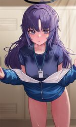  :o black_shirt blue_archive blue_eyes blue_jacket female gym_uniform halo jacket lanyard long_hair looking_at_viewer moth1 official_alternate_costume purple_hair shirt solo sweat yuuka_(blue_archive) yuuka_(track)_(blue_archive) 