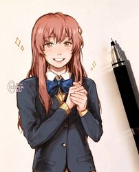  :d art_tools_in_frame artist_name bad_id bad_twitter_id black_jacket blue_bow blue_bowtie blush bow bowtie brown_eyes brown_hair cardigan clivenzu collared_shirt commentary english_commentary female graphite_(medium) highres jacket koe_no_katachi long_sleeves looking_at_viewer mechanical_pencil mixed_media mute nishimiya_shouko open_mouth own_hands_together pencil photo_(medium) school_uniform shirt sign_language smile solo sparkle traditional_media twitter_username upper_body wing_collar 