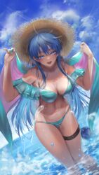  :d absurdres bikini blue_bikini blue_eyes blue_hair blue_sky breasts cleavage cloud collarbone day duel_monster eria_(yu-gi-oh!) eria_the_water_charmer female floating_hair groin hair_between_eyes hat highres large_breasts leaning_forward long_hair navel ocean off-shoulder_bikini off_shoulder open_mouth outdoors sayaka_ikku shiny_skin sky smile solo standing straw_hat sun_hat swimsuit thigh_strap very_long_hair wading yu-gi-oh! 