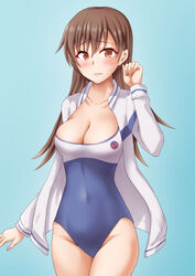  alternate_costume anti_(untea9) bare_legs black_one-piece_swimsuit blue_background blue_one-piece_swimsuit blush breasts brown_eyes brown_hair competition_swimsuit covered_navel cowboy_shot embarrassed female gradient_background high_school_fleet highleg highleg_swimsuit highres jacket kantai_collection large_breasts long_hair long_sleeves looking_at_viewer multicolored_clothes multicolored_swimsuit one-piece_swimsuit ooi_(kancolle) solo swimsuit two-tone_swimsuit white_jacket yokosuka_girls_marine_high_school_swimsuit 