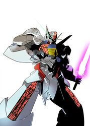  beam_saber claws commentary energy_sword glowing green_eyes gundam gundam_aerial gundam_suisei_no_majo highres left-handed looking_at_viewer mecha mobile_suit no_humans oro_(0117002) robot science_fiction solo sword v-fin weapon white_background 