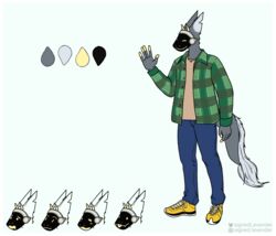  anthro border casual_clothing clothed clothing digital_drawing_(artwork) digital_media_(artwork) fan_character full-length_portrait fur hi_res horn l_cut machine male mammal model_sheet notched_ear portrait protogen protogen_visor signed.lavender solo white_border 