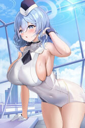  absurdres ako_(blue_archive) arm_support armpits blue_archive blue_eyes blue_hair blue_sky blush breasts collared_dress covered_navel day dress earrings female garrison_cap gloves hair_between_eyes half_gloves halo hat hido_(cherryhido) highres indoors jewelry large_breasts medium_hair official_alternate_costume parted_lips sideboob skin_tight skindentation sky sleeveless sleeveless_dress solo stud_earrings sweat utnapishtim_operator_uniform_(blue_archive) white_dress white_gloves 