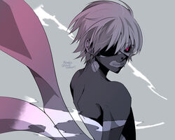  1boy artist_name black_bodysuit black_sclera bodysuit colored_sclera eyepatch from_side grey_background grey_hair highres kagune_(tokyo_ghoul) kaneki_ken kyoya_(0o-7snow7-o0) looking_at_viewer male_focus mask mouth_mask red_eyes short_hair solo teeth_print tokyo_ghoul watermark 