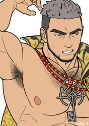  1boy abs arm_up armpit_focus armpit_hair armpits bara bare_pectorals beard chest_hair coat crave_saga facial_hair flat_color frown grey_hair jewelry key key_necklace large_pectorals looking_to_the_side male_focus masa_(mshk_s) mature_male muscular muscular_male necklace nipples no_shirt pectorals presenting_armpit short_hair sideburns solo sweatdrop tagmard_(crave_saga) thick_eyebrows undercut upper_body yellow_eyes 