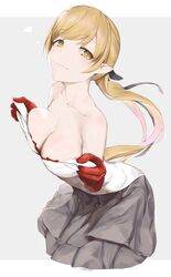  :3 bare_shoulders black_ribbon black_skirt blonde_hair blush breast_press breasts character_name cleavage collarbone commentary dress female gloves grey_background hair_ribbon head_tilt highres kiss-shot_acerola-orion_heart-under-blade kizumonogatari long_hair looking_to_the_side monogatari_(series) oshin0_(zheng) oshino_shinobu pleated_skirt pointy_ears ponytail pulling_own_clothes red_gloves ribbon skirt smile solo strapless strapless_dress swept_bangs teenage two-tone_background white_background white_dress yellow_eyes 